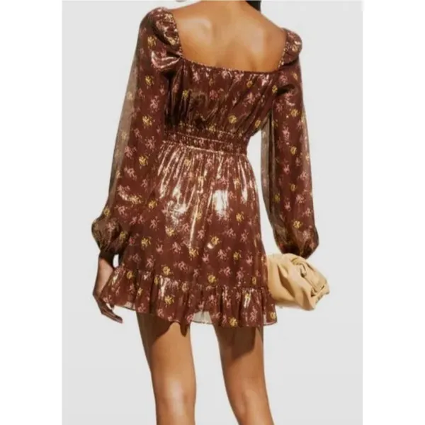 Paige Women's Brown Noah Floral Metallic Dress Size Large Silk Peasant Milkmaid - Image 6
