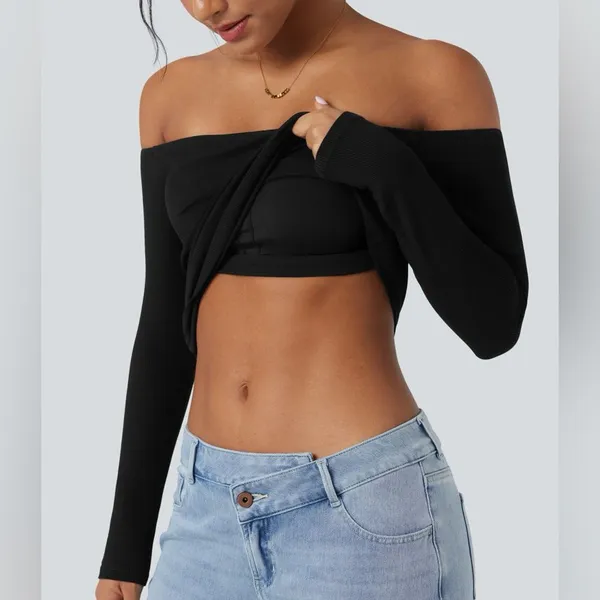 Halara Ribbed Knit Off-Shoulder Long Sleeve 2-in-1 Casual Top NWOT - small - Image 2