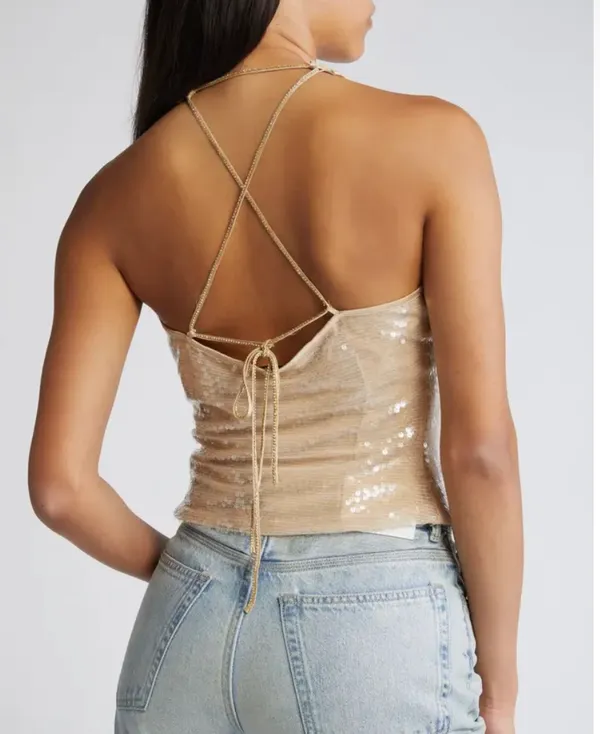 Mistress Rocks Sequin & Lace Tie Back Sleeveless Top - Image 2