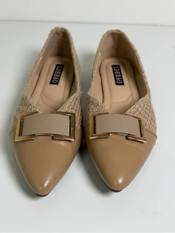 LDEBAO Women’s Tweed Pointed Toe Ballet Flats Beige Gold Buckle Sz US 8 - Image 3