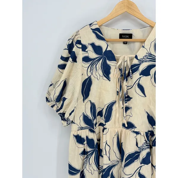 MSK Floral Linen Babydoll Midi Dress‎ Puff Sleeve Cottagecore Blue Medium NWT - Image 11