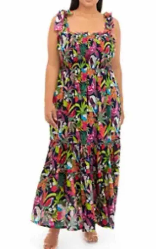 Crown & Ivy Sleeveless Smocked Bodice Dark Floral Parrot Maxi Dress Size XXL - Image 7