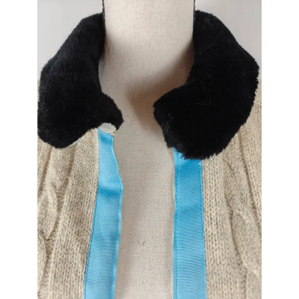 Women's Cable Knit Cardigan Sweater Cream Faux Fur Collar Open Front - Image 5