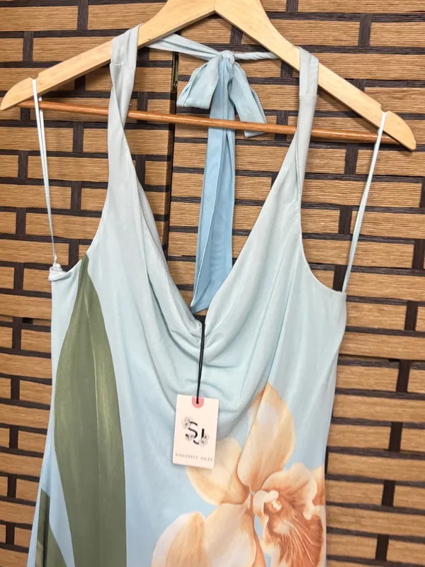 Sincerely Jules blue floral mesh halter dress size large - Image 3