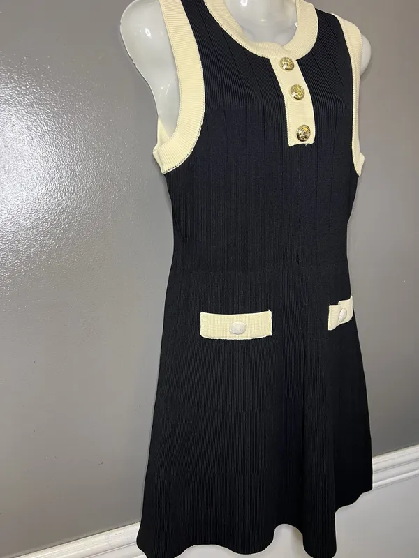 Endless Rose Dress Womens Medium Black Cream Contrast Knit Sweater Mini Gold - Image 3