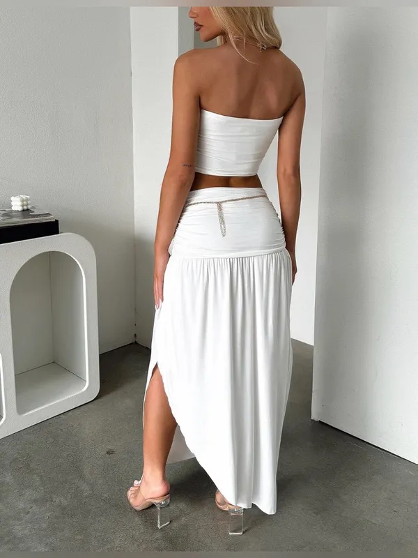 Lybiogs Women 2 Piece Maxi Skirt Set Tube Crop Top Summer Vacation Outfit - Image 3