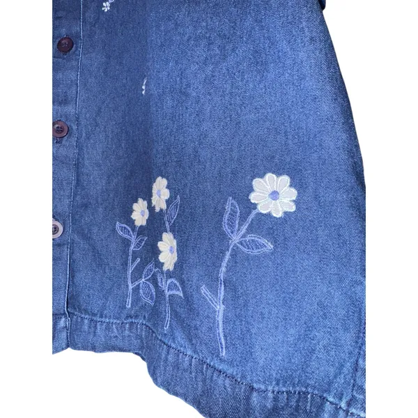Vintage‎ Chambray Embroidered Floral Top Button Up Women Large Daisy 90s Prairie - Image 3