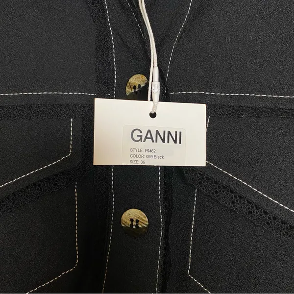 GANNI NEW Sable Topstitch Crepe Swing Button Front Mini Dress Black Sz 36 SNAGS - Image 7