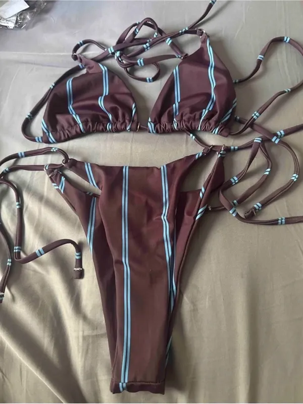 SheIn Classic Triangle String Bikini in Dark Brown with Blue Stripes - Image 3