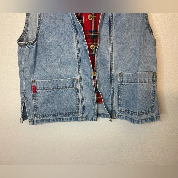 Vintage Denim Y2K Jou Jou‎ Vest Red Plaid Flannel Lining Size S - Image 10