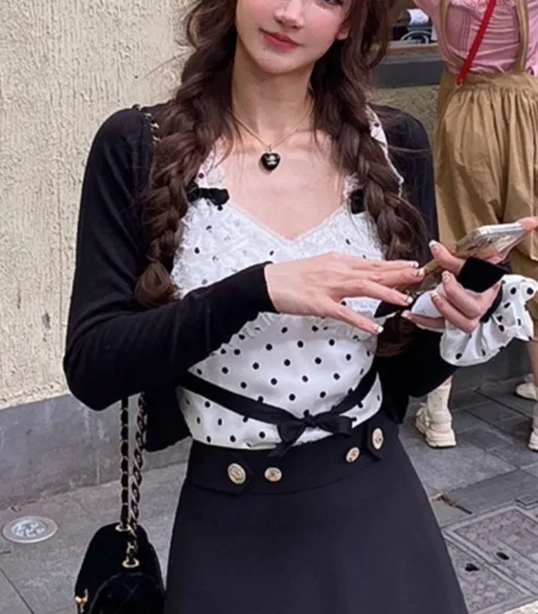 Japanese White Silky Lace Vintage Black Polka Dotted Ribbon Bow Tank Top Blouse - Image 3