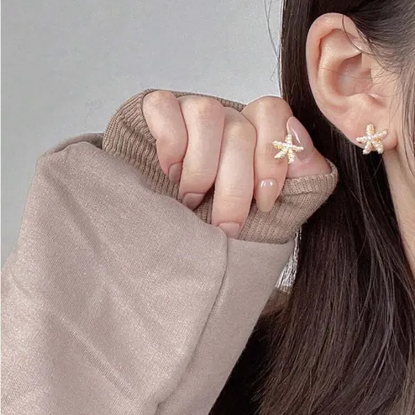 Gold Starfish Pearl Earrings - Image 2