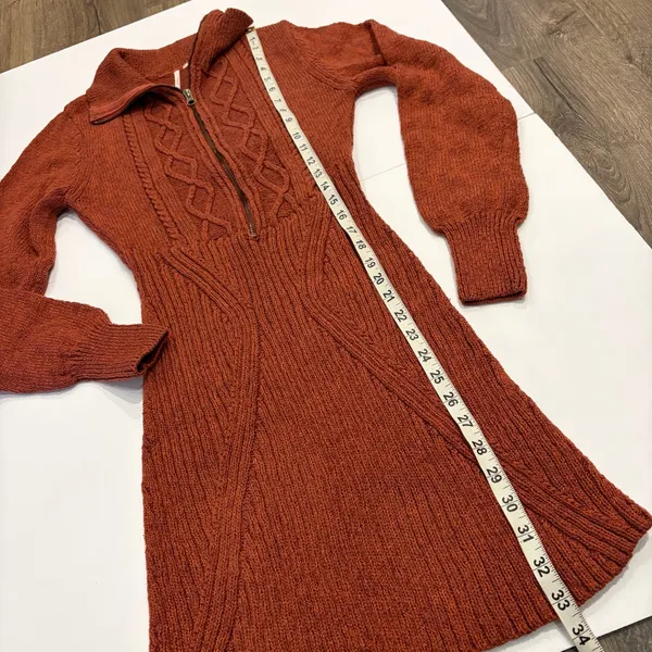 Free People Mont Blanc Mini Sweater Dress Red Jasper Auburn Sz M Cable Knit Zip - Image 13