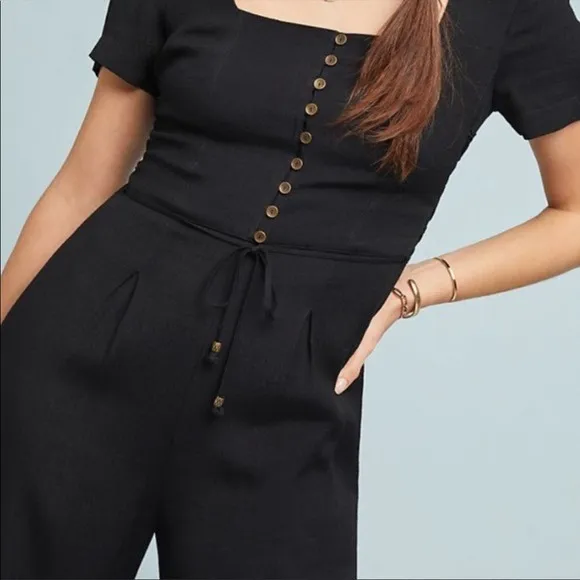 Maeve Anthropologie Black Square‎ Neck Button Front Wide Leg Jumpsuit Size 4 - Image 2