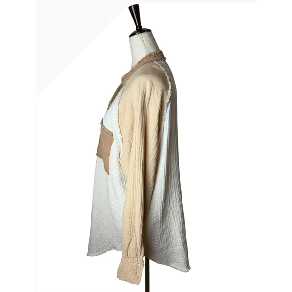 Aerie Gauzy Coverup Shirt Women‎ XS Tan Ivory Colorblock Cotton Oversized - Image 5