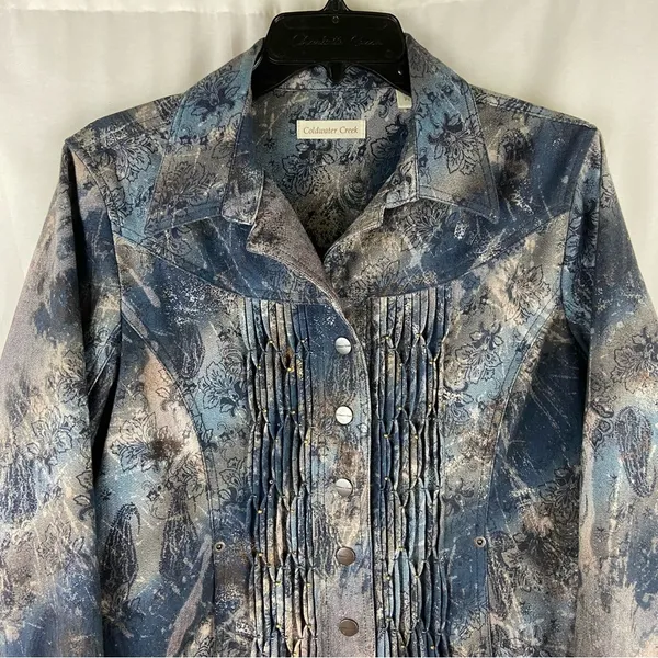 Coldwater Creek Navy and Gray Floral Paisley Beaded Long Sleeve Jacket Size 12P - Image 3