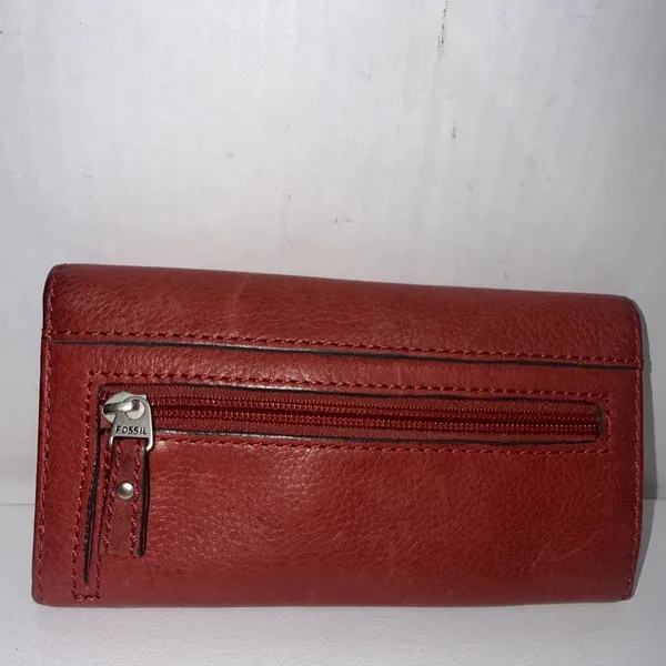 Fossil Red Leather Wallet Long Live Vintage Cards Cash Coin Checkbook Zip & Snap - Image 2