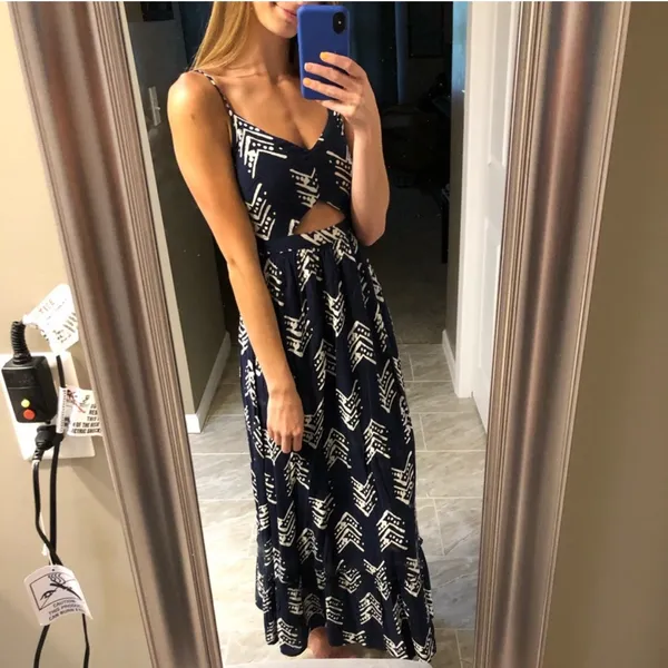 Aerie Maxi Dress Navy Blue Spaghetti Strap V-Neck Cutout Front Stretch Small - Image 3