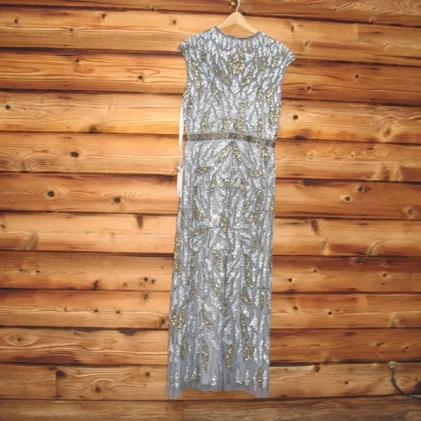 Mac Duggal Size 12 Silver Gray Gold Beaded Cap Sleeve Column Gown Maxi Dress - Image 11