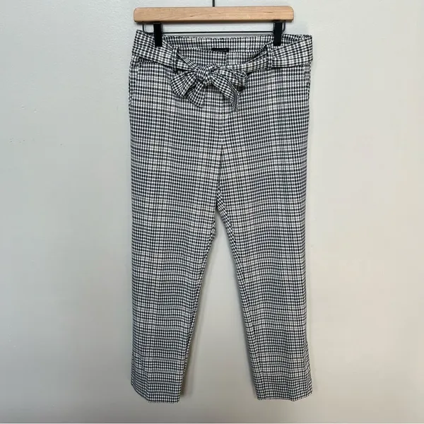 Ann Taylor Factory Houndstooth Plaid Checkered Pants Tie Belt Black White Tan 8 - Image 3