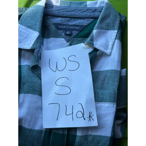 Tommy Hilfiger Womens Small S/P Green White Gingham Plaid Button Down Shirt - Image 5
