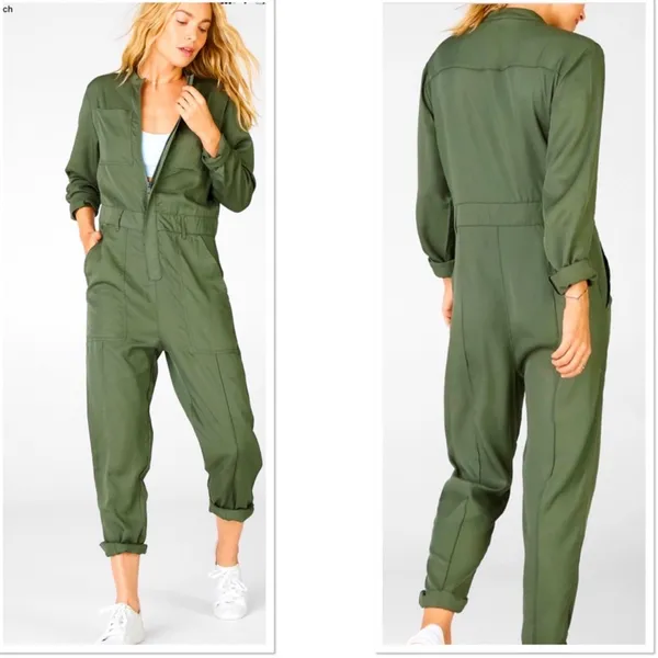 NWT Fabletics Everleigh Woven Jumpsuit Utility Long Sleeve Safari Green L - Image 11