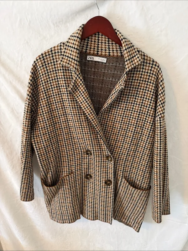 Zara Tan, Black and Cream Houndstooth Double-Breasted Pea Coat - Image 3