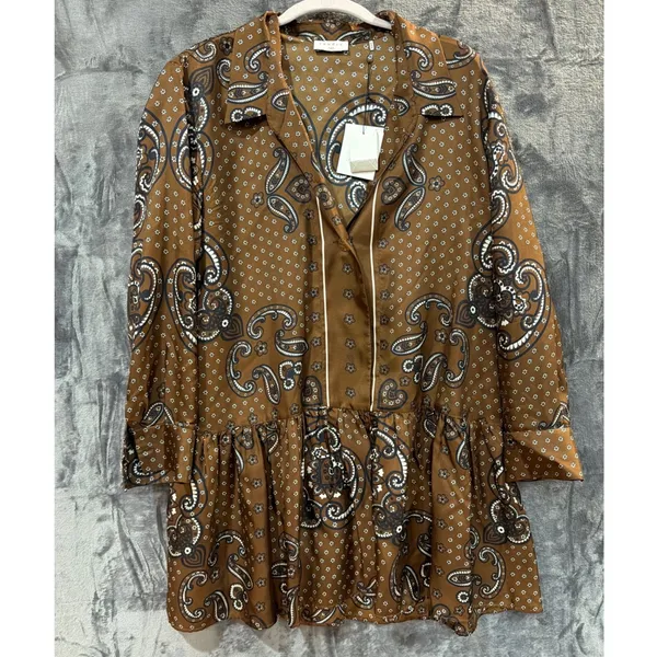 NWT Sandro Aurelie Paisley Silk Shirt Dress Brown Bandana Print Ruffle 40 L - Image 3