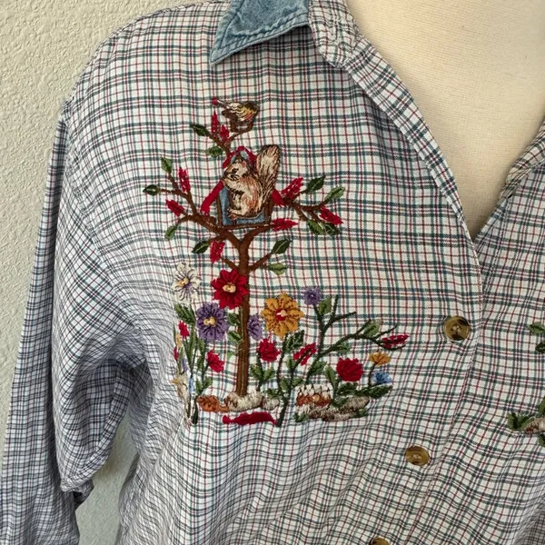 Vintage Embroidered beaded‎ Plaid Shirt 18W – Squirrel Garden Scene Cotton Top - Image 6