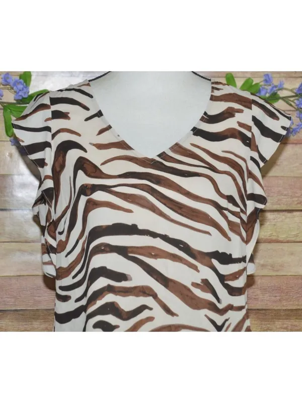 Cabi Ladies Brown Zebra Tiger Print V-Neck Cap Sleeve Blouse Top Size S Chiffon - Image 2