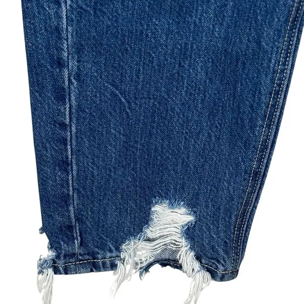 American Eagle SZ 4 Mom Jeans Hi-Rise Distressed Rips Zip-Fly Whiskered Blue - Image 4