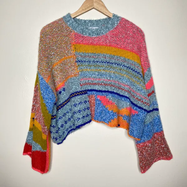 Sincerely Jules Multicolor Abstract Wool Blend Knit Oversized Cropped Sweater - Image 3