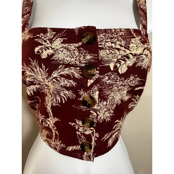 American Eagle Womens Maroon‎ Tropical Palm Toile Linen Blend Button Crop Top M - Image 2