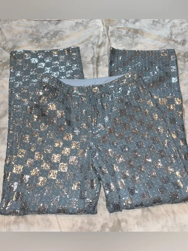 Line & Dot Blue Checkered Sequin Wide-Leg Pants - Image 4