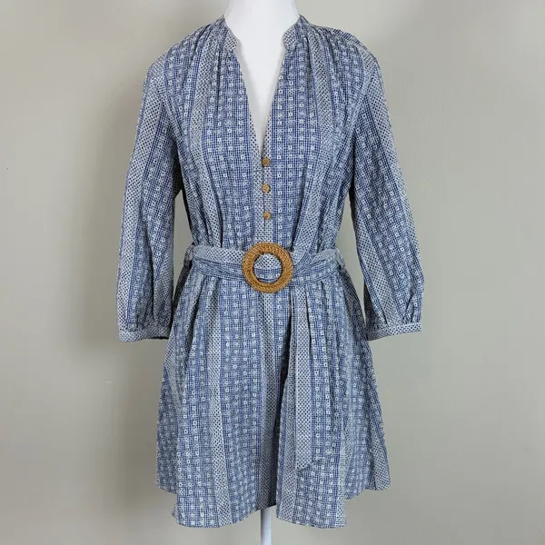ZARA Crochet Daisy Blue &‎ White Gingham Rattan Belted Mini Dress Size Med - Image 3