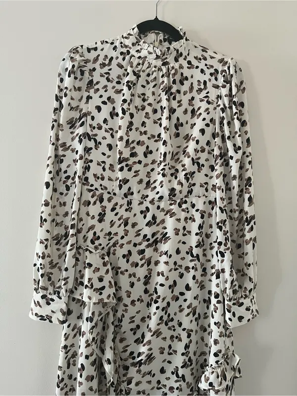 Nasty Gal White Brown Animal Print Midi Dress 4 Ruffle Hem Modest Going Out - Image 2