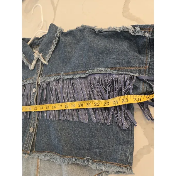 Garage The Style Between Us Denim Jacket M Blue Fringe Rhinestone Cropped Distressed - Image 9