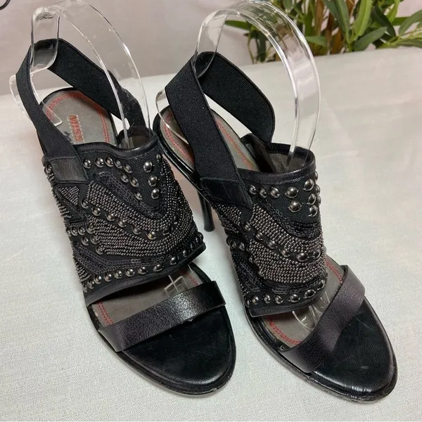 Miss Sixty Sade Stiletto Heels Black Leather Studs Jeweled Slingback Size 38 - Image 2