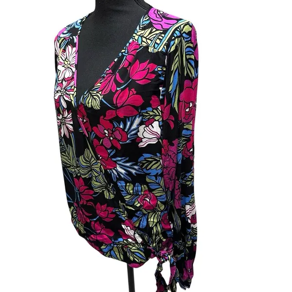 Anthropologie Tiny Womens Finley Faux Wrap Top Black Pink‎ Floral Long Sleeve M - Image 4