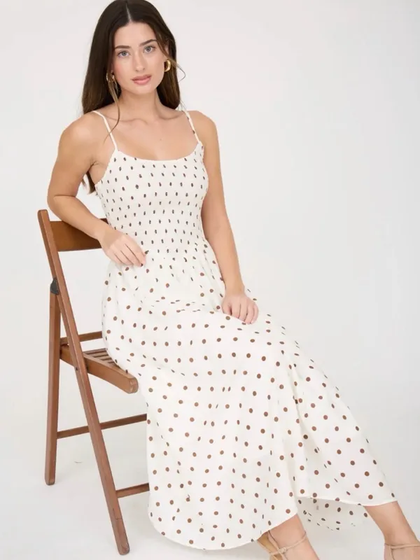 Blu Pepper White Polka Dot Smocked Basque Waist Midi Dress Medium - Image 5