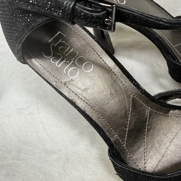 Franco Sarto Black Glitter Square Toe Strappy Ankle‎ Strap Sandals Heels 7.5 - Image 4