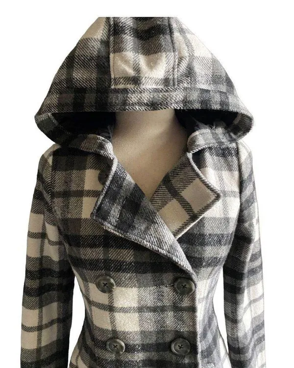 Aeropostale Beautiful black and white plaid hooded pea coat - Image 3