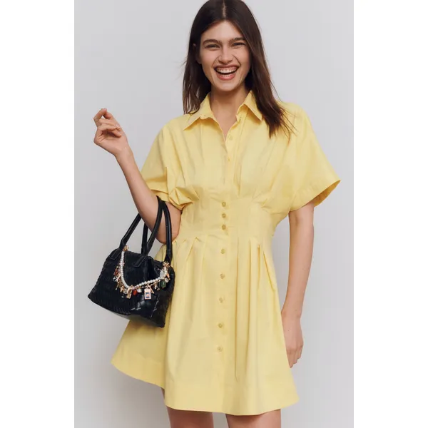 EXQUISE The Tobie Button-Front Pleated Mini Shirtdress in Yellow Size Medium - Image 2