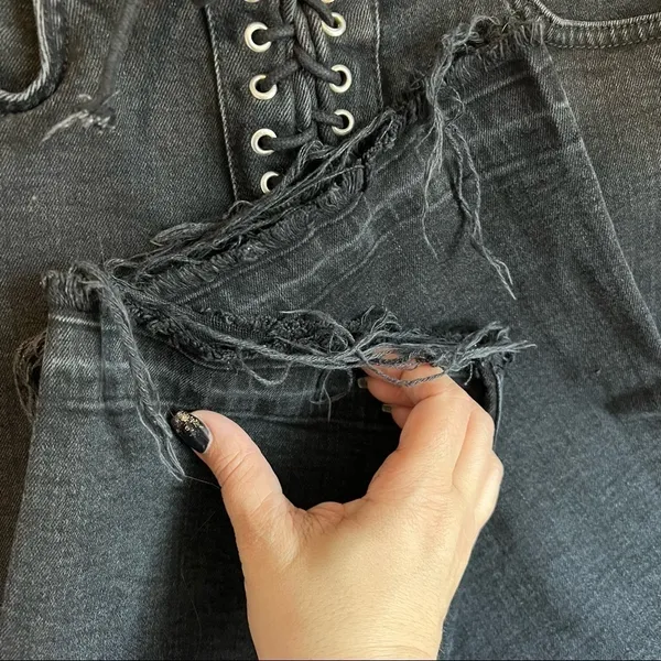 Zara Black High Rise Lace Up Fly Kick Out Crop Released Raw Hem Flare Jeans‎ - Image 7