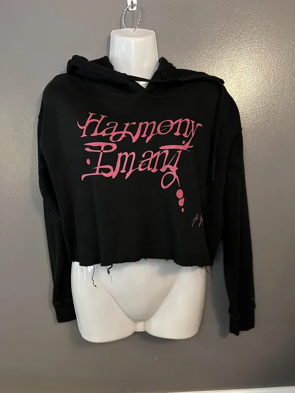 Harmony Emani Hoodie Womens Small Black Cropped Distressed Streetwear Graphic - Image 2