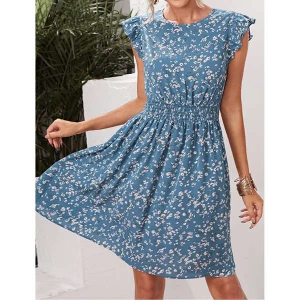 Ditsy‎ Floral Dress Blue Ruffle Cap Sleeve Smocked Waist Boho Cottage Garden S - Image 3