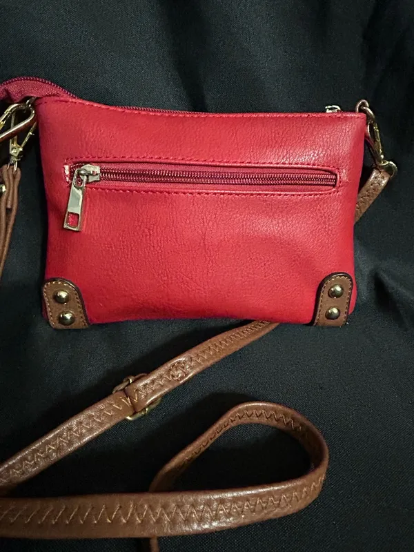 Women’s Red & Floral Crossbody Bag With Brown Strap Shoulder Purse - Image 2