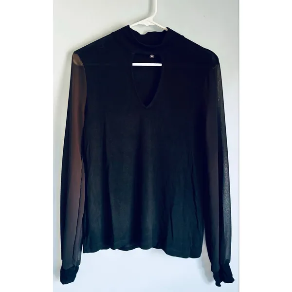 Lulus Black Long Sleeve Top Sheer Sleeves Keyhole V-Neck Modal Medium - Image 10