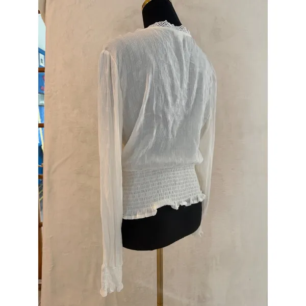 Selfie White Crochet Lace‎ Trim Smocked Waist Blouse XL Long Sleeve Boho Top - Image 14