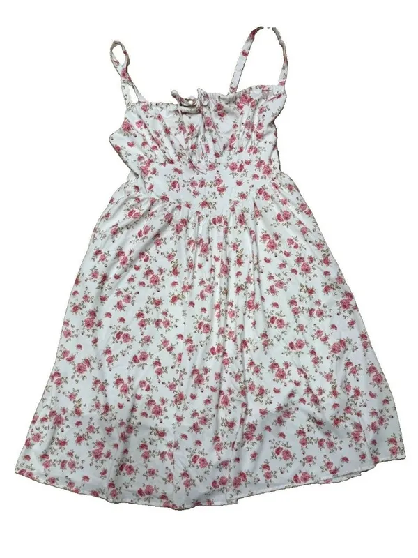 Rose Floral Cottagecore Smocked Back Tie Front Midi Dress XL Coquette Milkmaid - Image 2